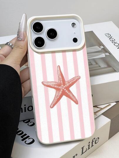 1pc Minimalist Summer Cooling Ocean Element Striped Starfish Pattern Litchi Texture Waterproof Shockproof Anti-Slip Soft Phone Case, Suitable As Birthday/Holiday Gift For Friends, Family, Couples, Fits Compatible With Apple/ Phone Models