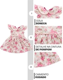 Vestido Menina Estampa Flores Delicadas Gola Boneca Clássica Babados Mangas Curtas Pompom Elegante Rodado Algodão Confortável Macio Tecido Premium Festa Aniversário Batizado Eventos Especiais Visual Encantador Moda Infantil Estilo Princesa Casual Chic Primavera Verão Roupas Meninas Conforto Meigo Look Blogueirinha Fotografia Passeio Presente Perfeito Charmoso Estiloso Estampado Floral - Rosa chiclete - Visão 9