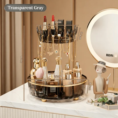 360° Rotating Makeup Organizer Tray Bathroom Cosmetic Brush Holder Desktop Skincare Lipstick Perfume Storage RackTransparent Rotating Cosmetics Storage Box With A High-End Feel, Double-Layer Desktop Organizing Rack, Dressing Table Organizer, And Jewelry Box