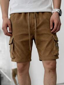 男士轻薄灯芯绒短裤，独特大口袋带拉链设计，宽松版型，适合夏季日常穿着，七分裤长，百搭实用。 - 卡其色 - 查看 2