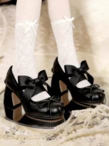 Elegant Cute Womens Ballet High Heels Round Toe Bow Decors Lace Up Block Heel Ballerina Dancing Shoes Party Dressy Occasions Heeled Shoes - 黑色 - 查看 3