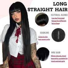 女士/女孩长款蓬松波浪卷合成假发，直发底带刘海 - 高密度分层发，适合日常佩戴、派对、角色扮演 - 26英寸蓬松假发 - 黑色 - 查看 7