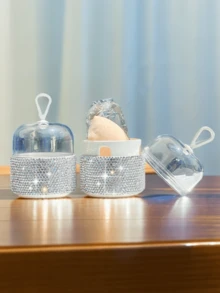 1pc Rhinestone Decorated Makeup Sponge Storage Box, Elegant Shiny Compact Makeup Puff Holder, Dust-Proof Daily/Travel Use, Random Color Delivery - Silver - View 3