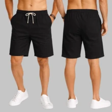 Set Of 5 Men's Linen Shorts, Beachwear, Casual, Elegant, Lightweight, Summer, Regular Fit, Pocket, Knot, Drawstring - 黑色,海軍藍,天藍色,淺米色,沙米色 - 查看 6