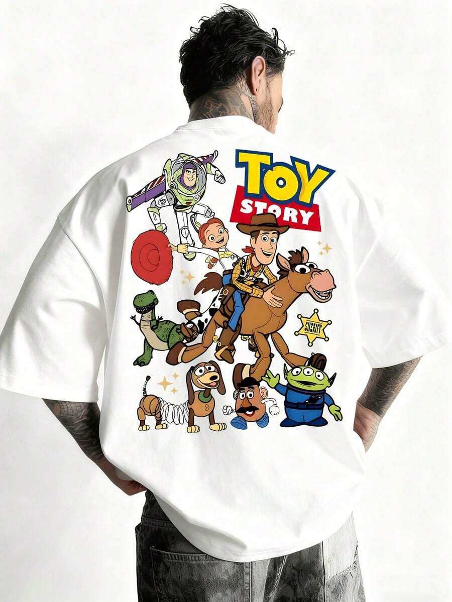 Disney Binks (Double-Sided Printing): A Short Sleeved T-Shirt With Cartoon Patterns Of Toy Story Elements, A Fashionable And Loose Short Sleeved Street T-Shirt. Spring And Summer Fashionable Versatile Tops, Holiday Gifts, Vintage Prints. - Blanc - Voir 1