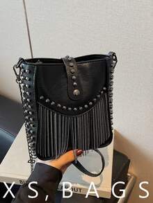 Bucket Bag, European And American Motorcycle Style Tassel Bag, Fashion Shoulder Crossbody Bag, Rivet Phone Bag - Black - View 1