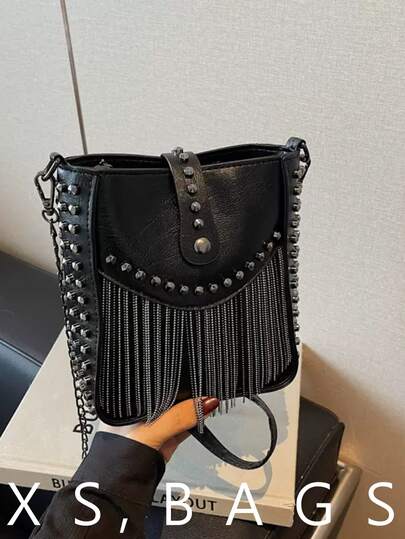Bolso tipo cubo, bolso con flecos estilo motocicleta europeo y americano, bolso de hombro y cruzado de moda, bolso para teléfono con remaches