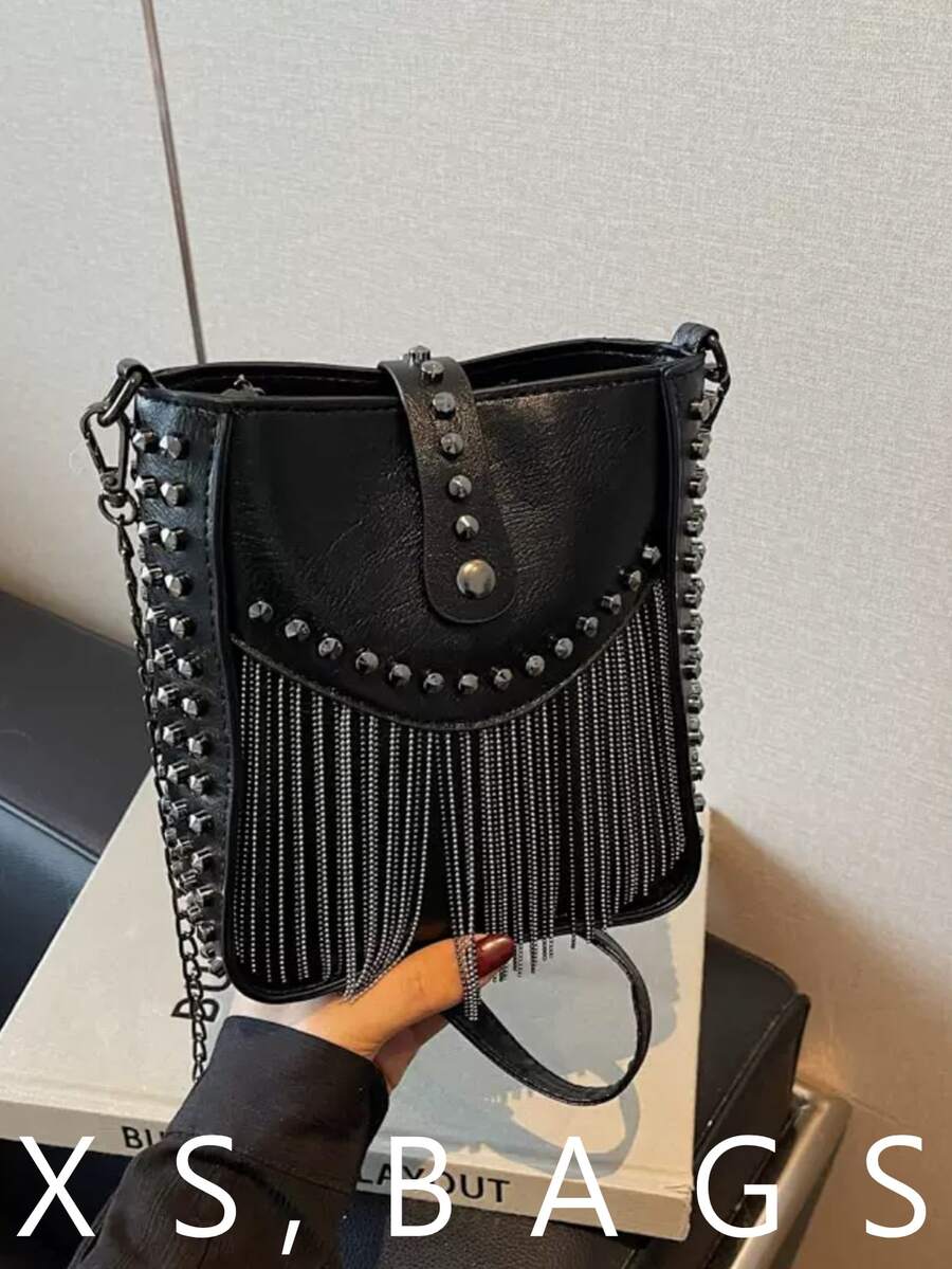 Bucket Bag, European And American Motorcycle Style Tassel Bag, Fashion Shoulder Crossbody Bag, Rivet Phone Bag - Black - View 1