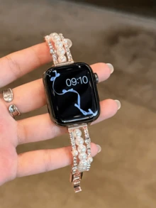 适用于 Ultra/SE 2/SE 1/Series 11/10/9/8/7/6/5/4/3/2/1，尺寸 38/40/41/42/44/45/46/49 毫米的简约优雅珍珠手镯表带 - 玫瑰金 - 查看 2