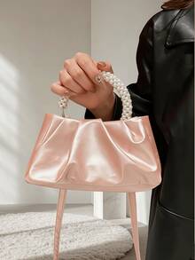 新款迷你方形珍珠手提包，单肩斜挎包，手机袋，适合婚礼、年轻职业人士、教师礼物、少女、商务通勤、假日旅行，米色帆布复古撞色PU小号手提包，沙滩包，旅行必备 - 粉色 - 查看 2
