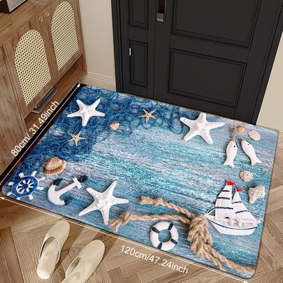 1pc Ocean Beach Shell & Starfish Print Doormat - Indoor/Outdoor Entrance, Kitchen Use, Coastal Style Holiday Decor, Suitable For Doormats, Small Rugs, Welcome Mats, Carpets, Mats, Outdoor Doormats, Kitchen Rugs, Home Decor, Front Doormats, Area Small Rugs, Outdoor Mats, Home Decor, Area Rugs, Garden Rugs, Washable Carpets