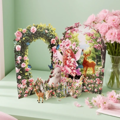 1pc Pink Watercolor Flower Fairy Little Sheep Forest Vertical Open Door Cross-Insert Greeting Card, A Cute 3D Pop-Up Card For Kids, A Lovely Gift For Children, A Warm Card For Family & Friends, Handmade Watercolor Floral Card, Creative Cartoon Animal Card, Birthday & Holiday Gift