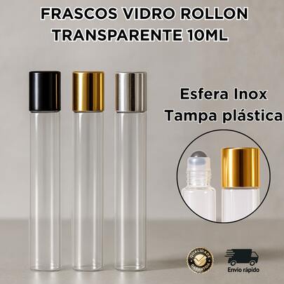 Kit Com 20 Frascos Vidro Rollon Para Óleos Essencial Transparente 10ml Tampa Prata Preta Dourada