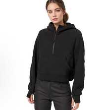 Lululemon Women's Scuba Oversized Half-Zip Short Wear Hoodie | Premium Cotton-Blend Fleece Sweatshirt | Luxury Soft Breathable Pullover | Chic Boxy Fit Short Hooded Jumper | Cozy Athletic Leisure Hoodie With Kangaroo Pocket - màu đen - Xem 7