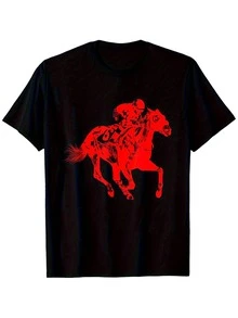 Camiseta divertida con diseño de jockey de carreras de caballos - Diseño geométrico de caballo y jockey en negro y rojo, 100% algodón, corte holgado, manga corta casual para hombre, tallas S-XXXL, camiseta cómoda para todas las estaciones, regalo para amantes de los caballos, cómoda y bien ajustada. - Negro - Ver 1