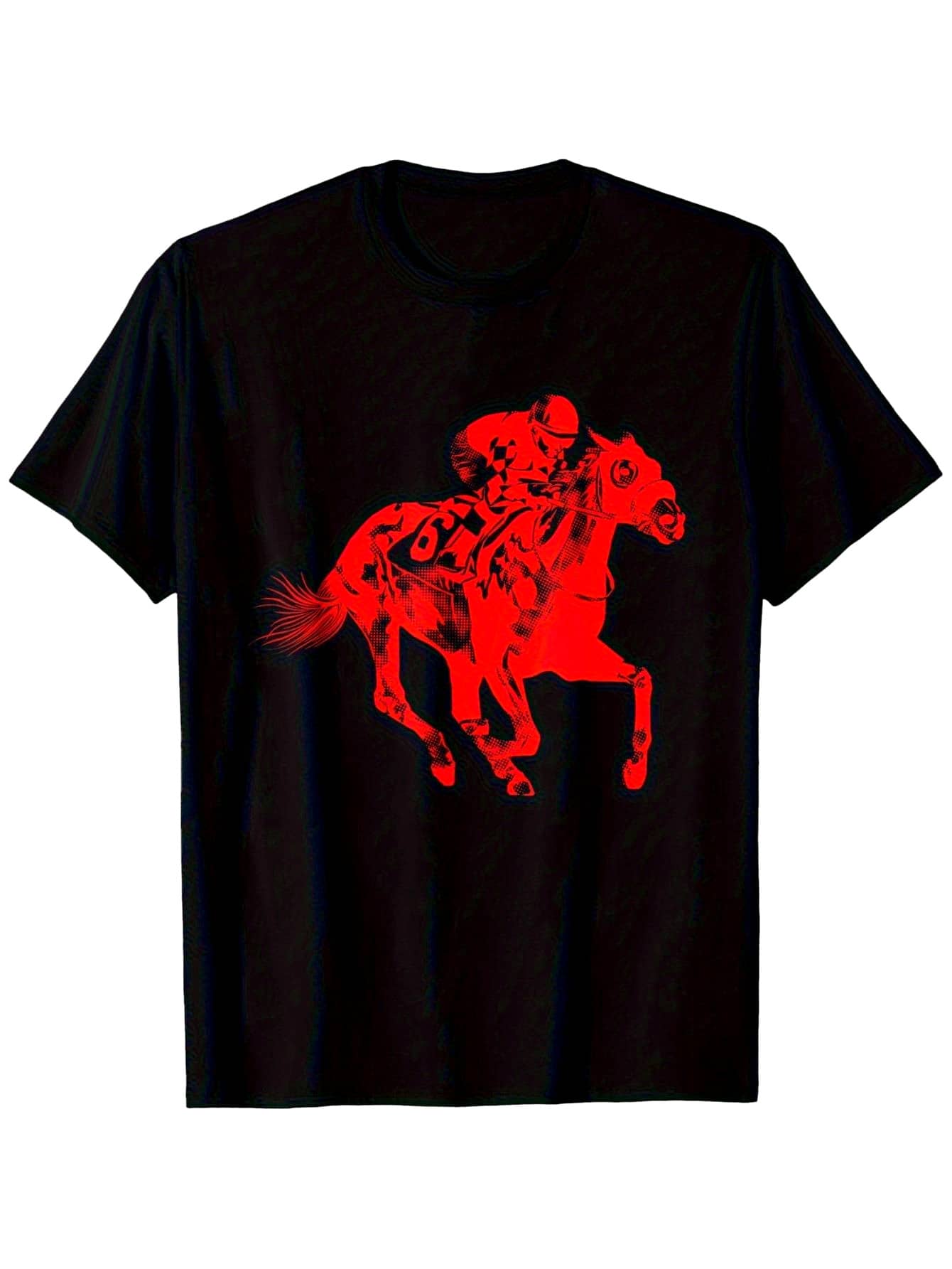 Camiseta divertida con diseño de jockey de carreras de caballos - Diseño geométrico de caballo y jockey en negro y rojo, 100% algodón, corte holgado, manga corta casual para hombre, tallas S-XXXL, camiseta cómoda para todas las estaciones, regalo para amantes de los caballos, cómoda y bien ajustada. - Negro - Ver 1