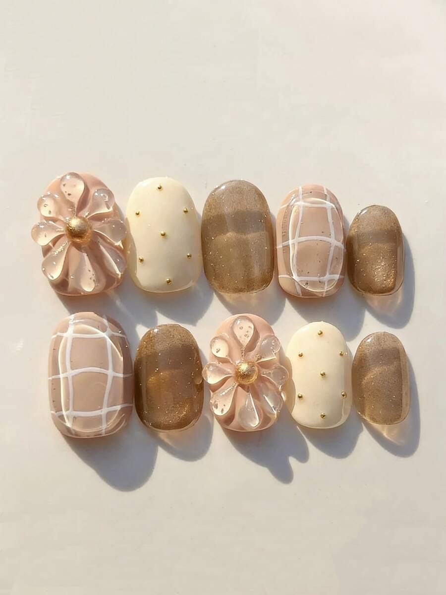 10pcs Handmade Nail Art Stick-On Fake Nails, Removable Acrylic Oval Shaped Nails, Cute Minimalist Designs Including Brown Plaid, Brown Flowers, Coffee Pearl, 3D Carved Patterns, Suitable For New Year, Valentine's Day, Gatherings, Seasons Handmade Press On Nails - Coffee Brown - View 1