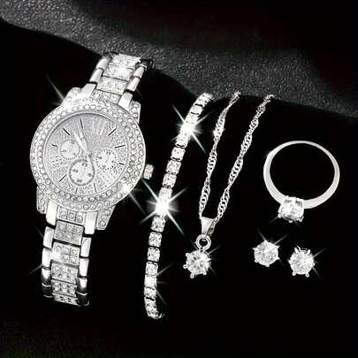 6件套女士手表，时尚休闲罗马数字石英表，全镶钻表链和超大表盘，适合日常佩戴，礼品之选。