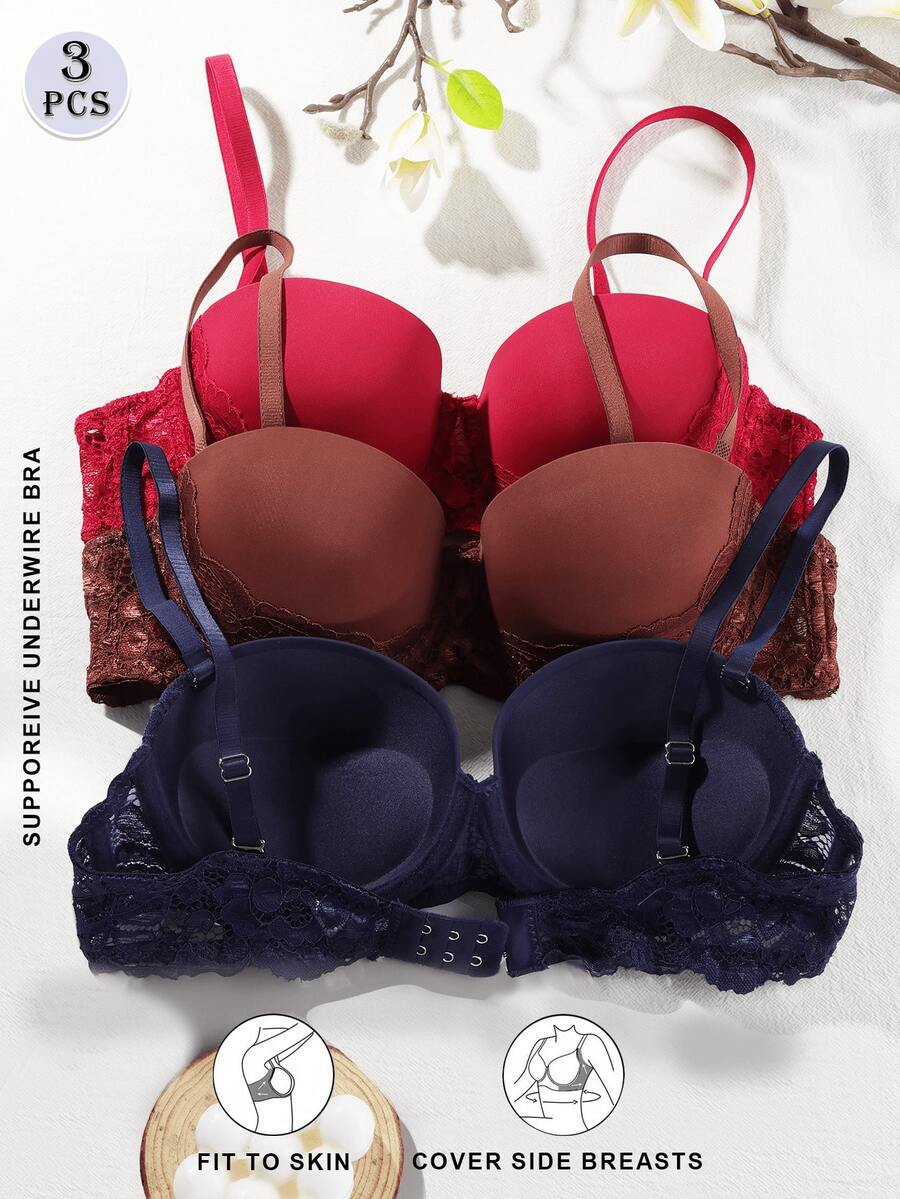 3件套简约性感纯色蕾丝拼接细肩带文胸,女士内衣 - 彩色 - 查看 1