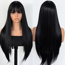 女士/女孩长款蓬松波浪卷合成假发，直发底带刘海 - 高密度分层发，适合日常佩戴、派对、角色扮演 - 26英寸蓬松假发 - 黑色 - 查看 4