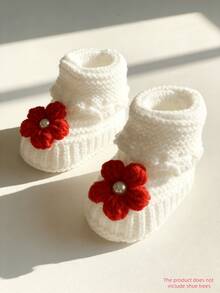 1 Pair Handmade Infant Knit Booties With Flower, White Infant Crib Shoes - Red - View 1