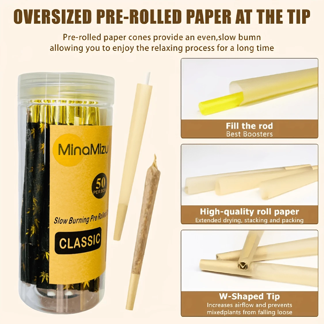 50支装预卷香烟纸锥；经典特大号香烟纸锥；50支装（4.33英寸/110毫米）；预卷香烟纸锥；预卷香烟纸锥；带烟嘴的香烟纸；香烟纸 - 彩色 - 查看 1