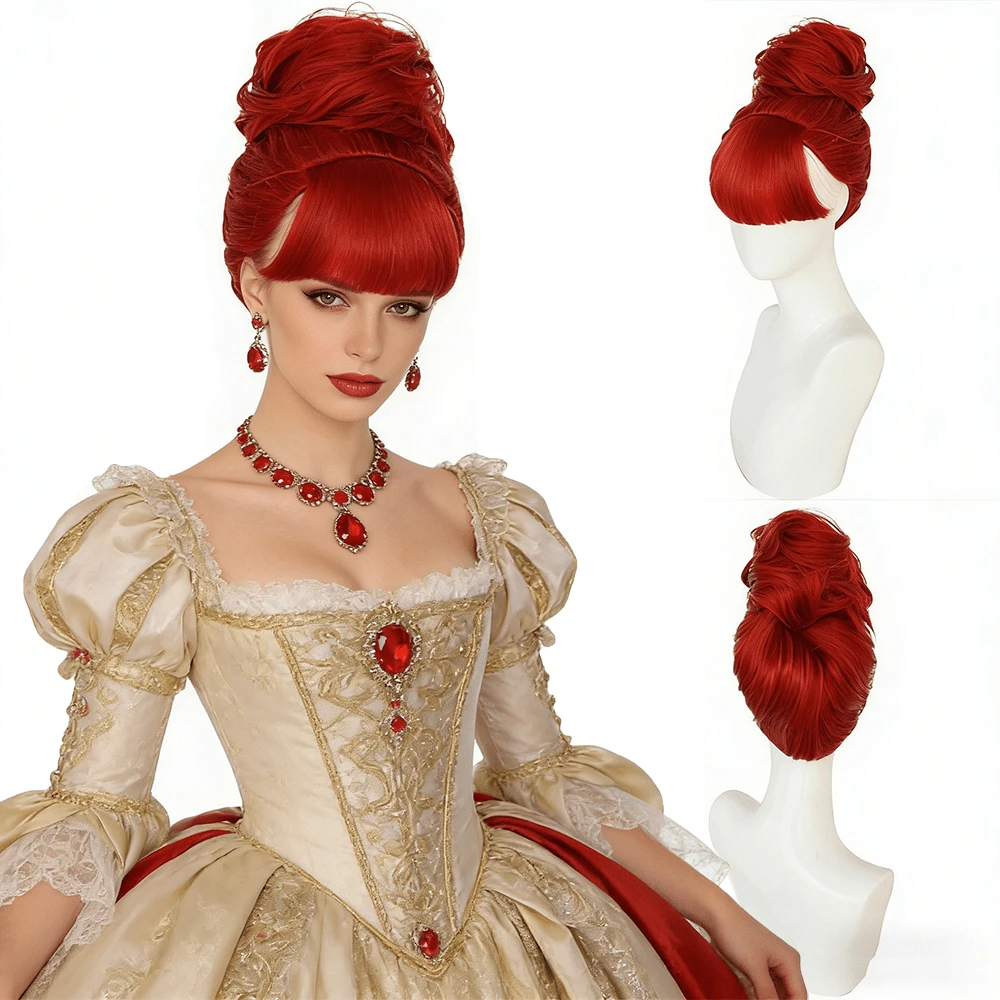 Peluca de princesa con moño rojo brillante y flequillo, pieza de cabello sintético resistente al calor para fiesta de princesa y cosplay - Rojo - Ver 1