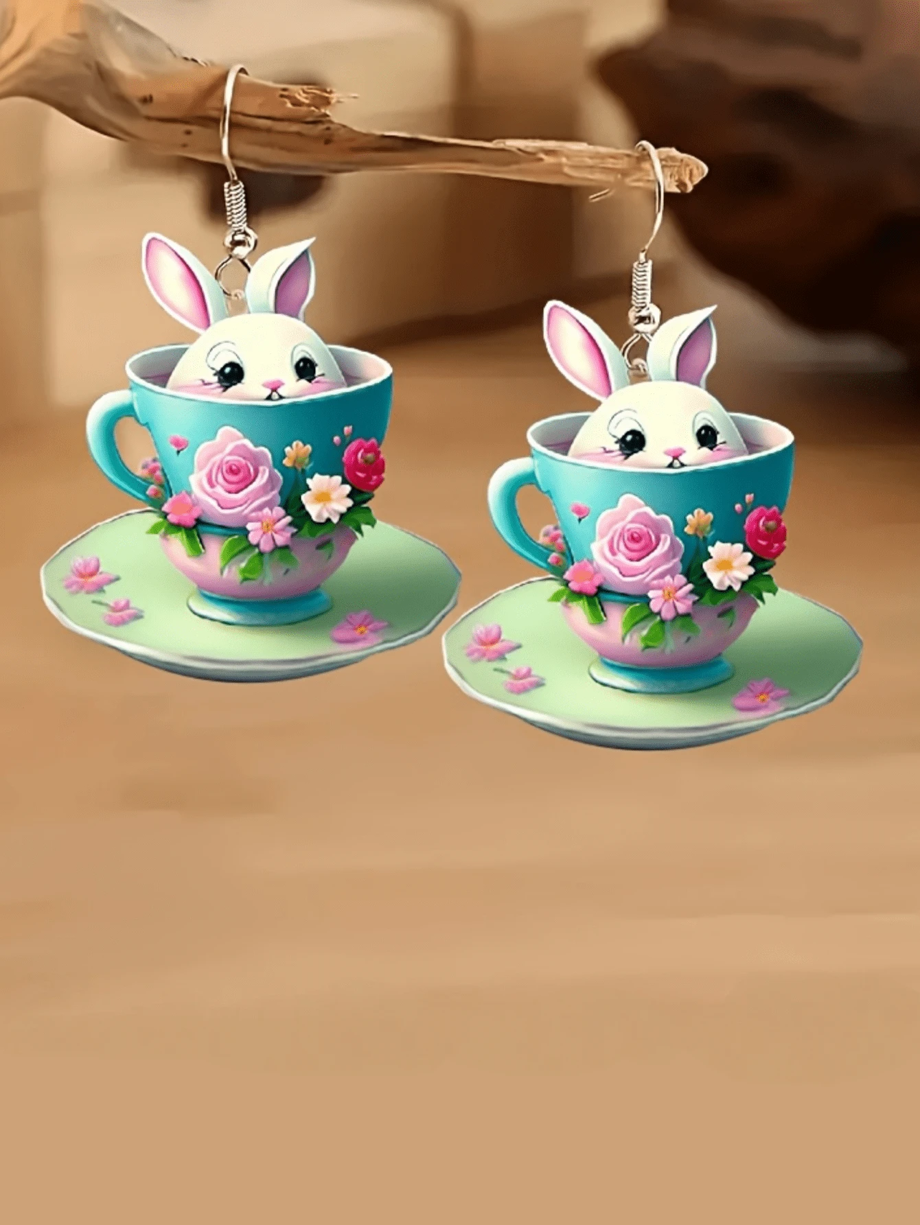 2D Cute Rabbit Tea Cup Pendant Earrings, Easter Element Earrings, Suitable For Daily Wear And Parties, All Seasons, Exquisite Gift - A - View 1