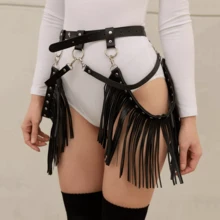 Cinturón de mujer de PU con flecos - Cinturón con tachuelas y flecos, perfectamente diseñado para un look inspirado en el oeste - Negro - Ver 12