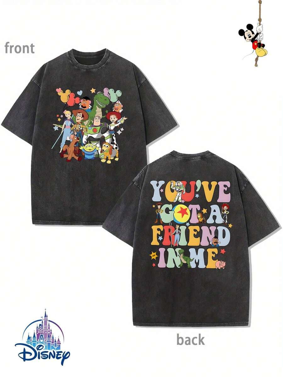 Disney Toy Story Summer T-Shirt, Pure Cotton Washed T-Shirt, One-Piece Design, Pure Cotton Fabric, Comfortable And Breathable, Worn By Disney Lovers And Couples In Disney Parks; A High-Quality Fashion Brand, It Is The Ideal Surprise Gift For Family And Friends. - 黑色 - 查看 1