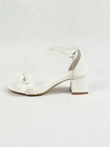 Giày sandal cao gót nữ đính ngọc trai giả, mũi tròn, họa tiết hoa, thích hợp cho tiệc cưới, mùa hè. - trắng - Xem 5