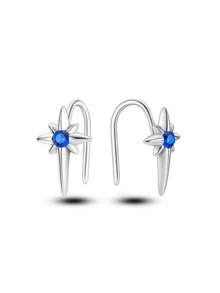 S925纯银星星太阳流苏耳钉，镶嵌立方氧化锆，奢华优雅耳环，礼盒包装，适合女士日常/派对佩戴 - 白金 - 查看 1