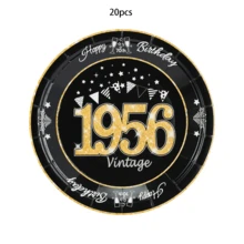 70件/20件套复古1956年70岁生日派对用品，复古主题餐具，包括盘子、餐巾纸和杯子，黑金配色，男女通用 - 1956 - 查看 7