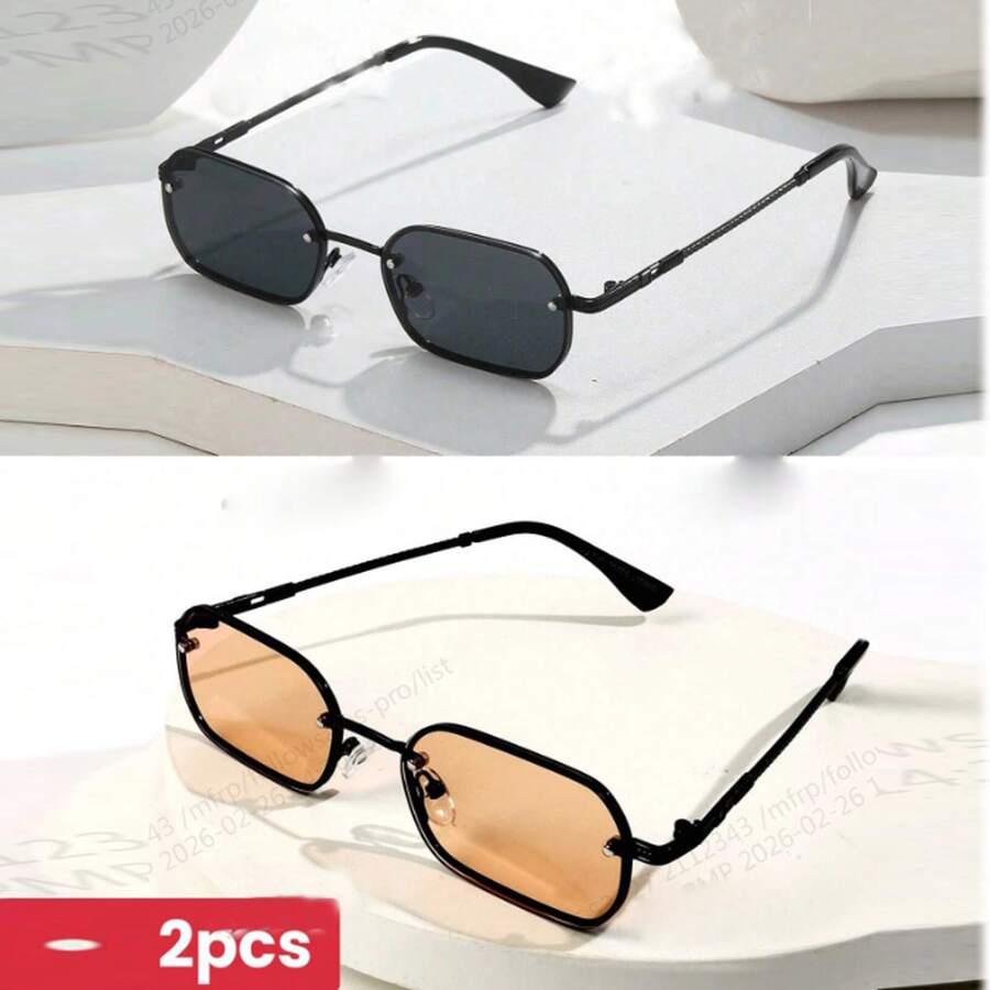2pcs Men's Black Frame Caramel Lens Retro Square Copper Mini Frames Y2K Classic Fashion Fashion Glasses, Suitable For Daily, Photography, Vacation, Travel - 1*black Frame/full Gray+1*black Frame/light Brown (without Box) - View 1