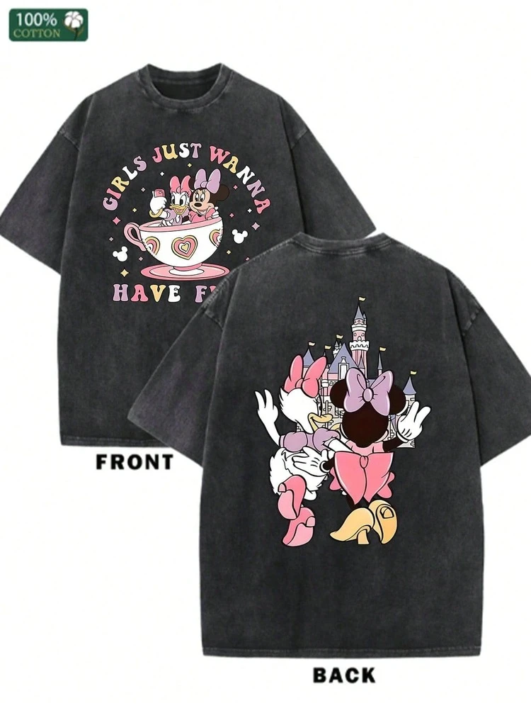 T-shirt estiva Disney Mini Daisy Playful, effetto consumato, modello monopezzo, tessuto in puro cotone, comoda e traspirante, indossata dagli amanti Disney e dalle coppie nei parchi Disney; un marchio di moda di alta qualità, è il regalo a sorpresa ideale per familiari e amici. - nero - Visualizzare 1