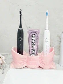 1pc White & Pink Bow Toothbrush Holder, 3-Slot Independent Bathroom Countertop Storage Rack, Multi-Function Toothbrush & Toothpaste Organizer, Durable & Elegant Home Decor Accessory, Fashionable Bathroom Supplies - Multicolor - View 7