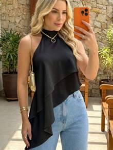 Women's Asymmetrical Cropped High Neck Halter Top With Layers And Neck Tie - Boho Chic, Casual, Elegant,  Autumn/Winter Fashion - 黑色 - 查看 1