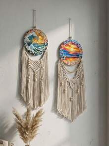 1 pièce Décoration murale décorative de style bohème avec motif vague océan coucher de soleil coloré, attrape-rêves rond avec design géométrique, détails de franges et de perles. Déclaration artistique pour la chambre à coucher, le salon, l'appartement, le dortoir, la maison de plage, la salle de méditation, le studio de yoga, l'entrée, la décoration intérieure de la maison - Multicolore - Voir 8