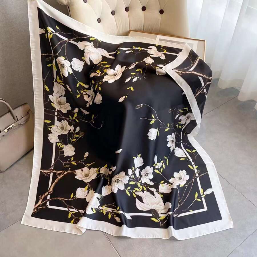 1pc Women's Satin Smooth Texture Cashew Pattern Printed Large Scarf, Suitable For Outings, Holidays And Daily Wear - Flowers Black - View 1