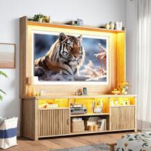 EnHomee 70" W TV Stand With LED Lights & Charging Station, Wall Unit Entertainment Center With 4 Storage Shelves & 2 Cabinet Doors For Living Room - 橡木 - 查看 2