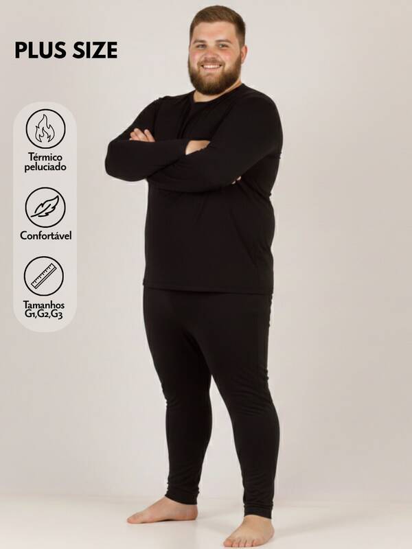Conjunto térmico masculino plus size com forro quente, composto por blusa de manga comprida com gola redonda e calça em tecido com elasticidade média.
