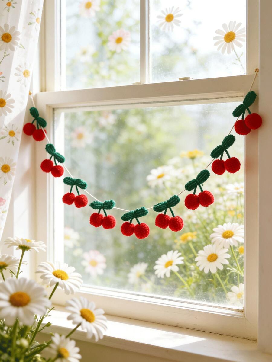 1件红色樱桃图案可爱装饰花环，卡哇伊美学风格悬挂横幅水果吊坠串，绿叶细节，别致墙饰，甜美夏日房间装饰，活力派对背景点缀，照片背景装饰，趣味家居摆件，适用于客厅、卧室、宿舍、公寓、咖啡厅、工作室、生日派对、新娘送礼会、婚礼、节日室内背景墙装饰