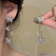 银色蝴蝶长流苏耳环，优雅日常佩戴 - 銀色 - 查看 3