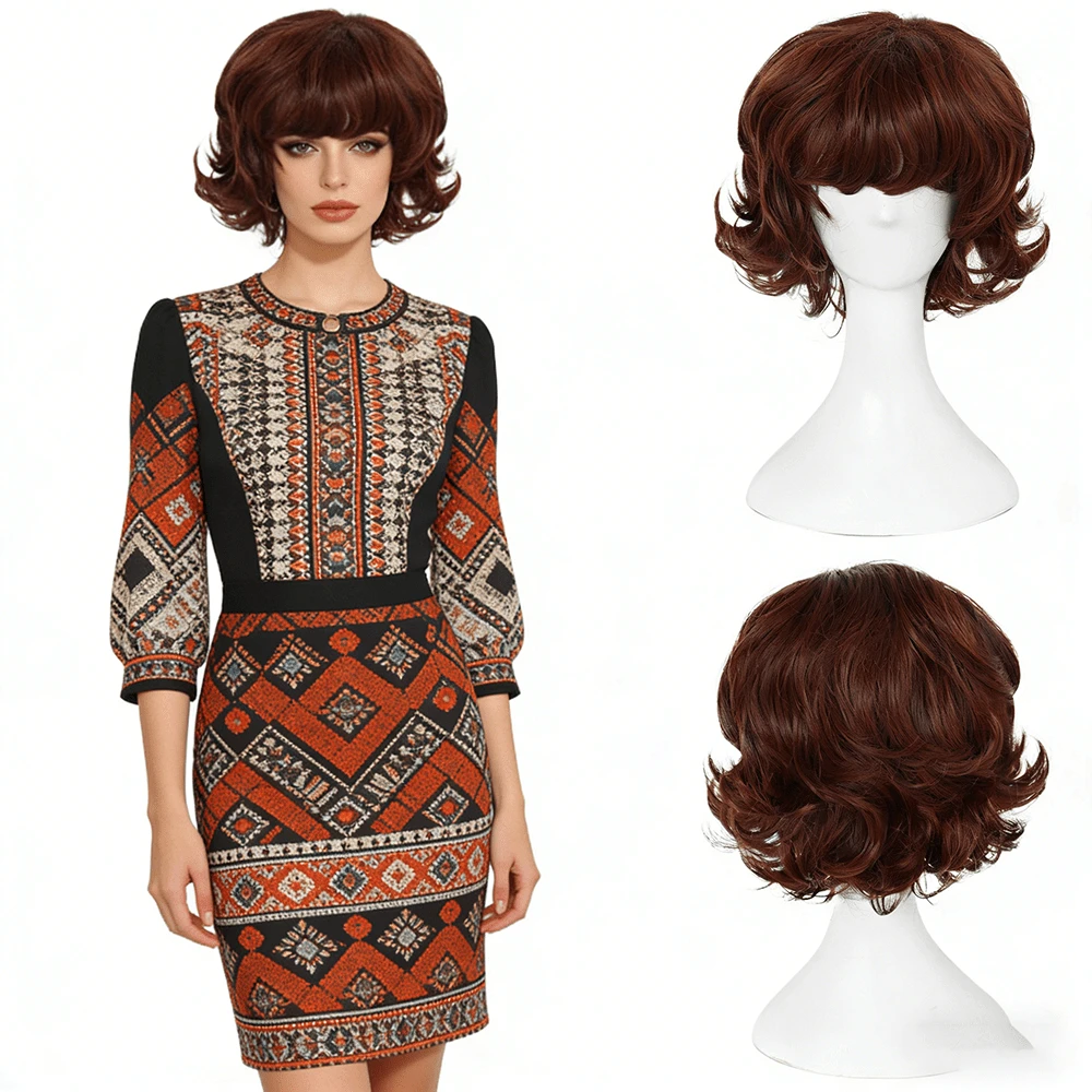 60s Retro Reddish Brown Short Curly Wig With Bangs, Voluminous Style, Heat Resistant Synthetic Hair For Daily & Cosplay - Coffee Brown - View 1