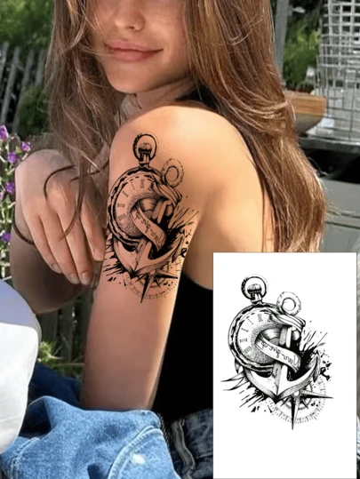 1pc Temporary Tattoo With Clock , Pointer, And Anchor Designs, Allows You To Express Your Personalized. Not Only Can It Cover Scars And Wounds, But Also Add A Nautical Vibe To Your Skin. Suitable For Waist, Arm With Clock, Pointer, And Anchor Tattoo Sticker. Crafted With Quality, Easy To Apply And Remove.