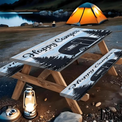 1/3pcs Camping Picnic Table & Chair Cover Set, Camper Design - Durable Polyester Table & Chair Covers, Elastic Edge Tablecloth, Fits Rectangular Camping Table, Outdoor Picnic Tablecloth Set, Patio Tablecloth Set, Suitable For Indoor, Outdoor, Patio, Camping, Picnic, Party, Kitchen Essentials, 30x72 Inch, Camping Essentials | Decorative Tablecloth | Elastic Edge