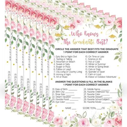 30PCS Who Knows The Graduate Best Game Cards Class Of 2026 Party Floral Graduation Games Activities For High Senior College School Graduation Party Favor Supplies Decorations