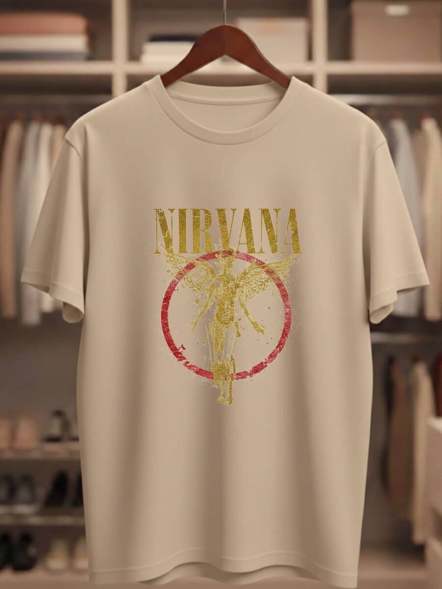 Nirvan Angel Rock Band Men's T-Shirt, 100% Cotton, Streetwear T-Shirt For Women - 卡其色 - 查看 1
