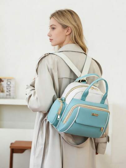 1pc New High-Quality Nylon Mommy Bag, Large Capacity Diaper Bag With Independent Bottle Holder, Tissue Pocket, Strap For Luggage, Fashionable And Portable Maternity Bag