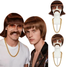 1960年代迪斯科假发+眼镜、胡子、金项链、棕色短卷波波头假发、男士刘海、摇滚嬉皮歌手装扮、非洲合成刘海假发，适合狂欢节、1970-1980年代 - 棕色 - 查看 1